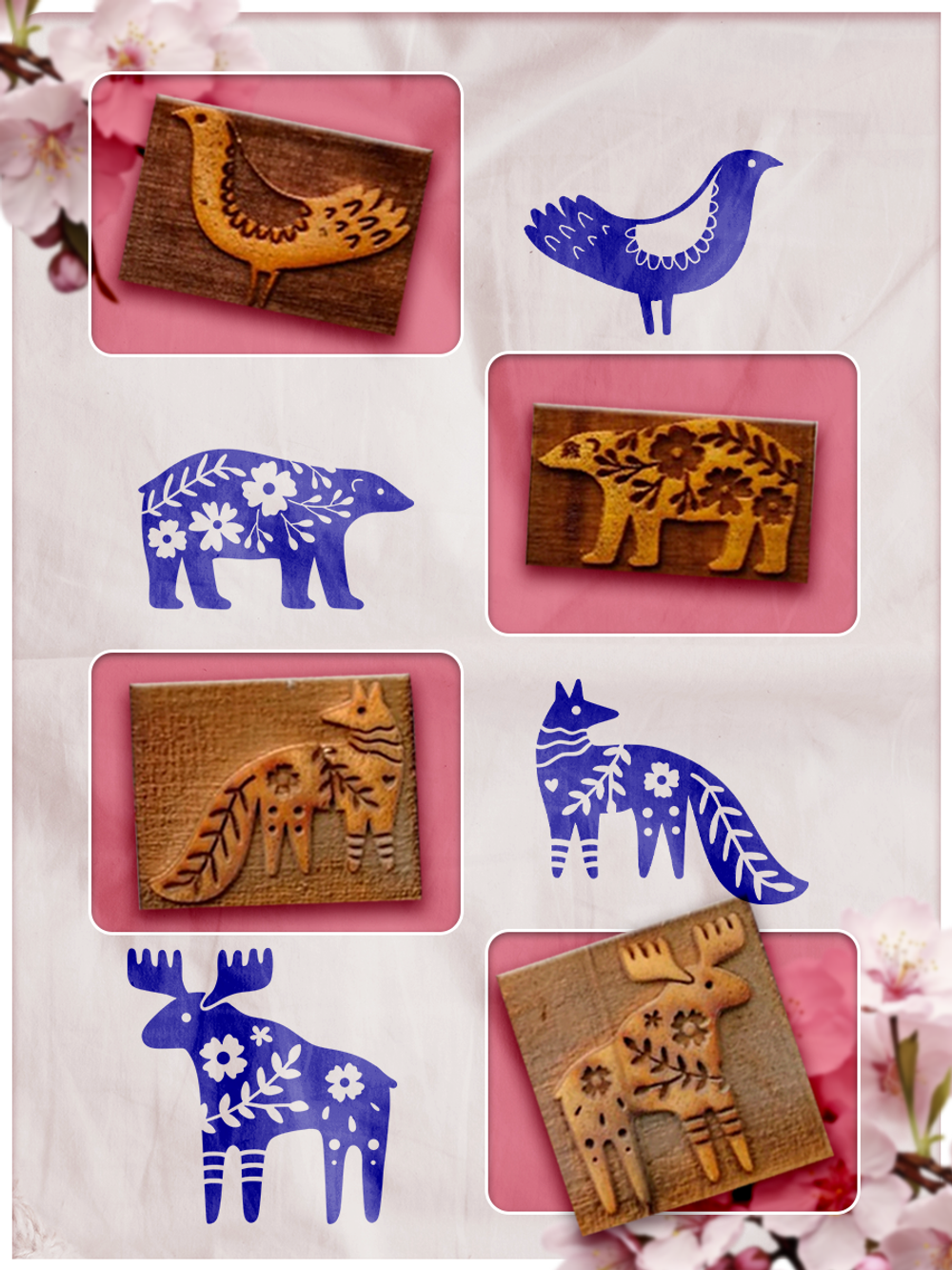 Комбо деревянные штампы 001, 002, 011, 014 + синяя по ткани 20 мл