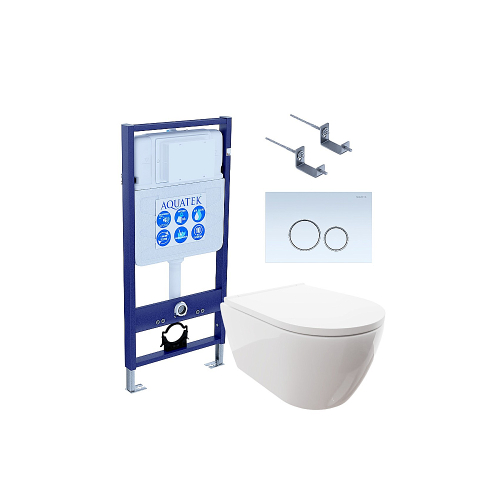 Унитаз подвесной с инсталляцией Aquatek Поларис SET AQUATEK ПОЛАРИС-015 4в1 белый/кнопка белая, безободковый, с крышкой микролифт