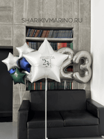 Большая фольгированная звезда к 23 февраля, цифры "23" и фонтан из фольгированных звезд