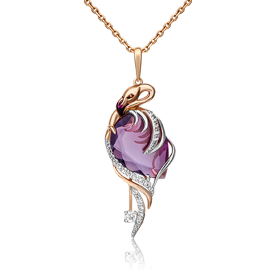 Подвеска «Фламинго» из красного золота с аметистом, натуральными топазами white и эмалью