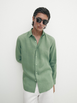 Massimo Dutti 100% льняная приталенная рубашка,  яблочно-зеленый