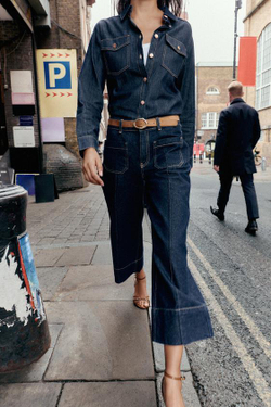 ZARA Z1975 ДЖИНСЫ WIDE-LEG С ЗАВЫШЕННОЙ ТАЛИЕЙ И ПОЯСОМ, СИНИЙ