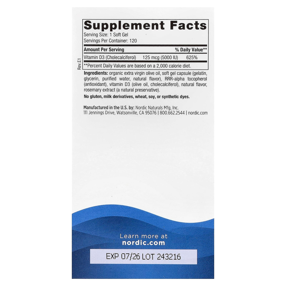 Nordic Naturals, Витамин D3 5000, апельсин, 125 мкг (5000 МЕ), 120 мягких таблеток