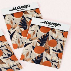 Ткань бифлекс оранжевая абстракция листьев