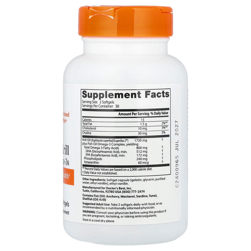 Doctor's Best, обогащенный криль с омега-3 из криля Superba, 60 капсул
