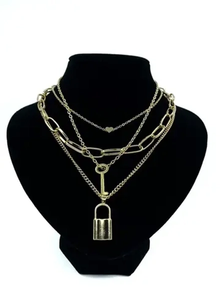 Многослойная золотистая цепочка с подвесками Ключ и Замочек