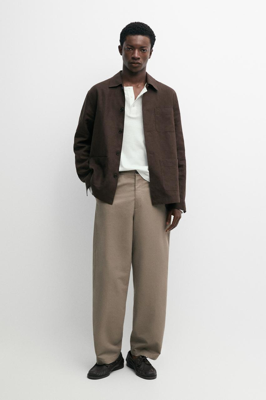 Massimo Dutti Брюки из поплина бочкообразного кроя из хлопка и льна, зеленый