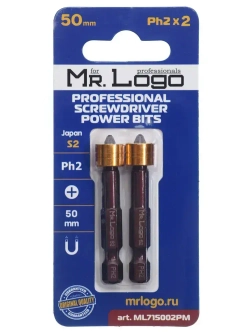 Бита PH2 x 50мм 2шт. S2 с магнитным держателем Mr.Logo ML715002PM
