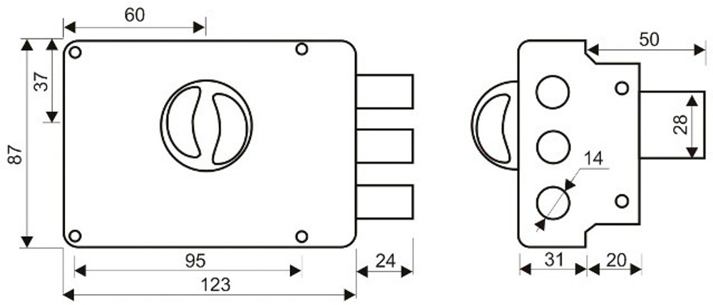 Замок Аллюр накладной ЗН 1-3-2 три ригеля, 88х123 англ.кл