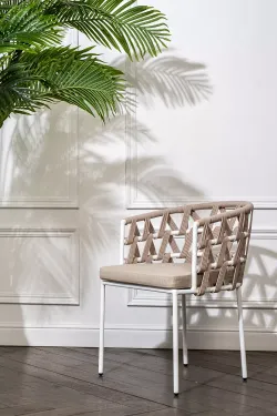 "Диего" стул плетеный из роупа, каркас из стали белый муар, роуп бежевый круглый, ткань бежевая 15052