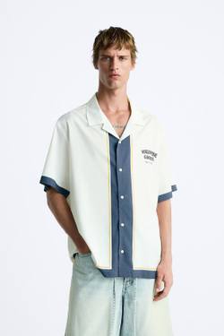 ZARA КОМБИНИРОВАННАЯ РУБАШКА С АТЛАСНЫМИ ДЕТАЛЯМИ, СИНИЙ