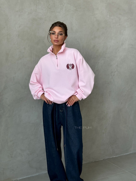 Розовый хлопковый свитшот с воротом на молнии