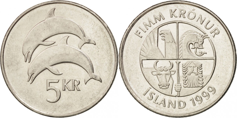 Исландия 5 крон, 1996 - 2008 Дельфины XF