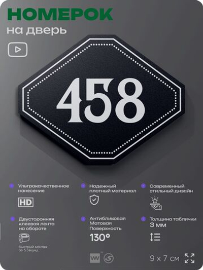 Номерок на дверь квартиры 458, для кабинета, офиса, шильдик 9 х 7 см, черный, Айдентика Технолоджи