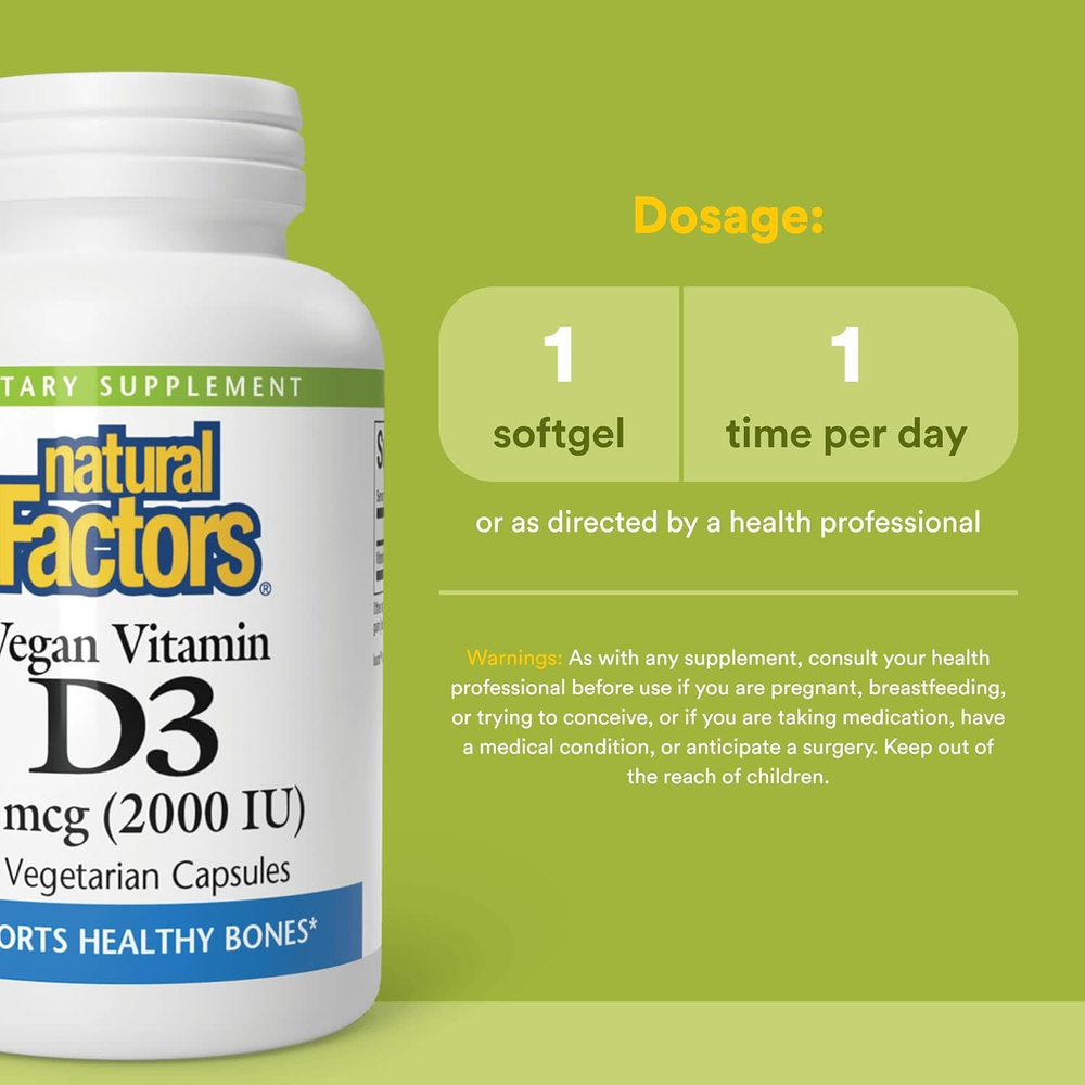 Natural Factors, Веганский витамин D3, 50 мкг (2000 МЕ), 90 вегетарианских капсул
