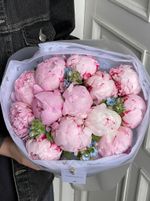 Букет 13шт розовых пионов с незабудками