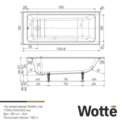 Ванна чугунная Wotte Line 170х70х39,2   схема