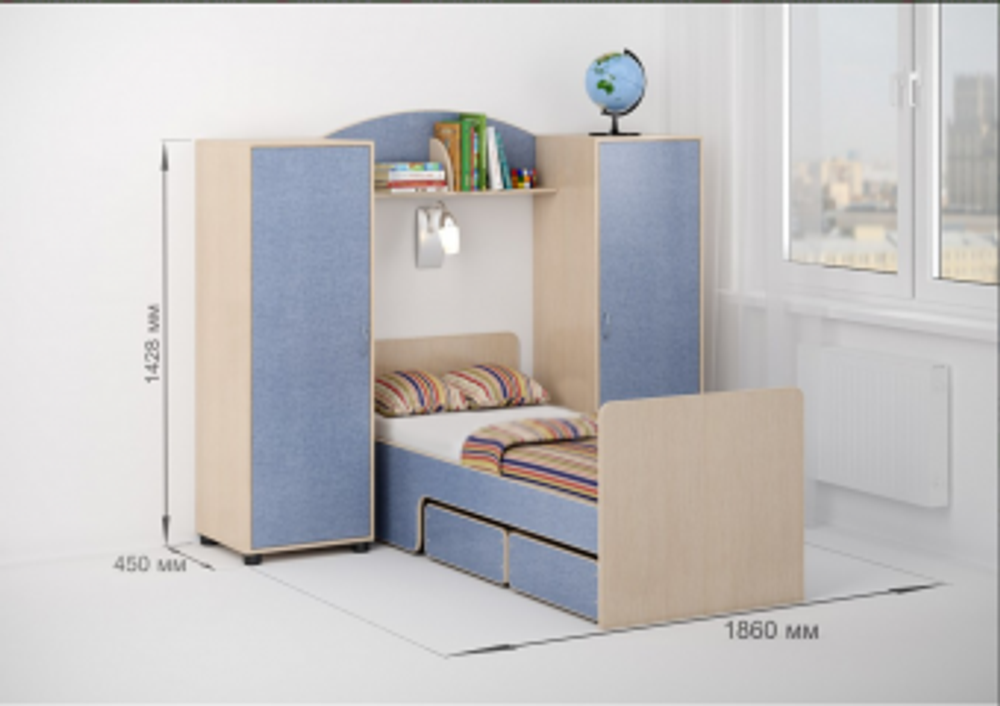 Детская стенка КарИВи Л-№27  Дуб Молочный Светло-синий, голубой