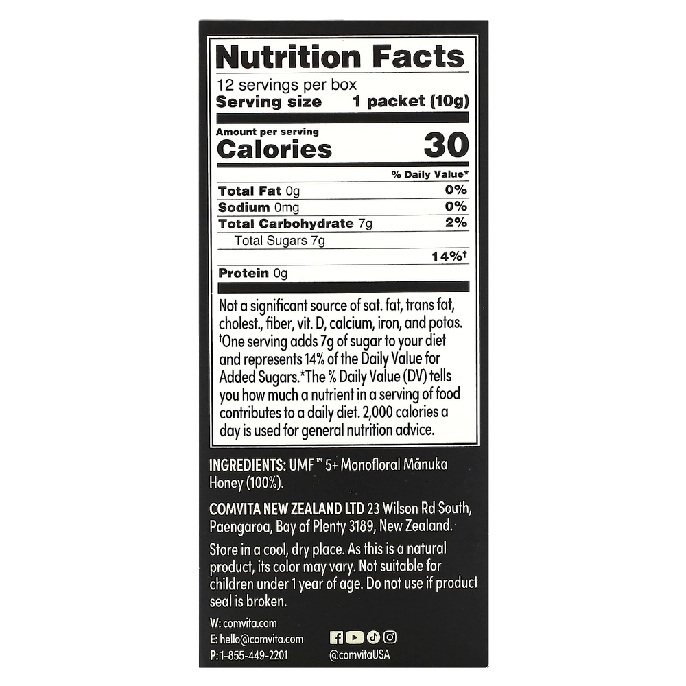 Comvita, Manuka Honey Singles, UMF 5+, MGO 83+, 12 пакетиков по 10 г (0,35 унции)