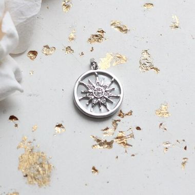 УЦЕНКА!!! Подвеска с перламутром и фианитами, Солнце, 15 мм, родий, У087