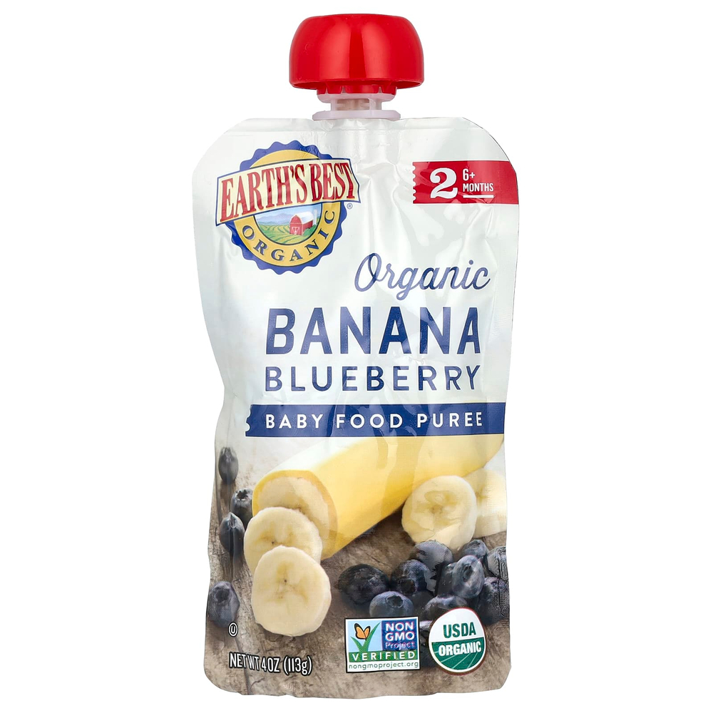 Earth's Best, Органическое пюре для детского питания, от 6 месяцев, банан и голубика, 4 пакетика по 113 г (4 унции)