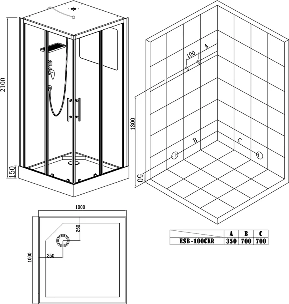 Душевая кабина Esbano (Эсбано) ESB-100CKR, с низким поддоном, 100х100х210