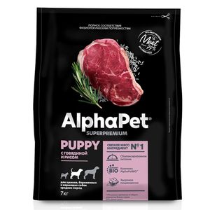 Сухой корм AlphaPet Superpremium для щенков, беременных и кормящих собак средних пород с говядиной и рисом