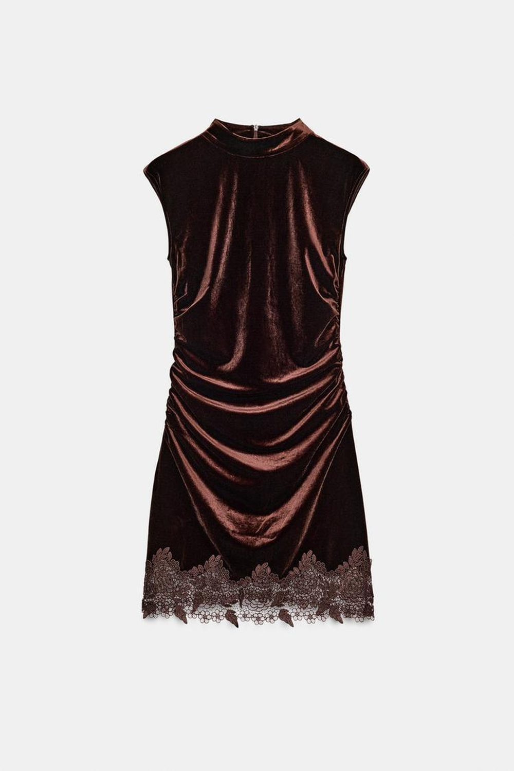 ZARA БАРХАТНОЕ ПЛАТЬЕ С КРУЖЕВОМ, ТЕМНО-КОРИЧНЕВЫЙ