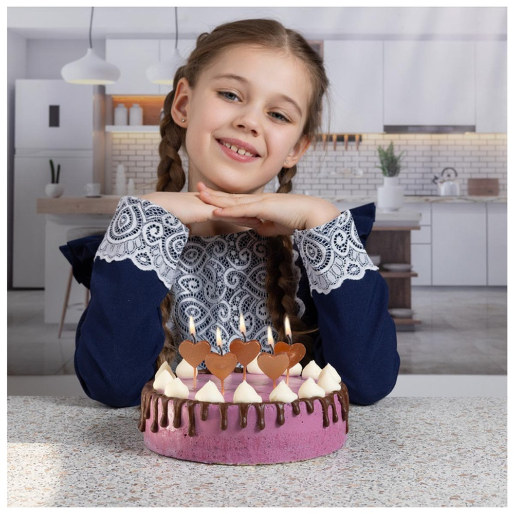 Свечи для торта на пиках Сердца Роз. зол. 5шт