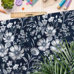 Ткань дюспо монохромные цветы на синем