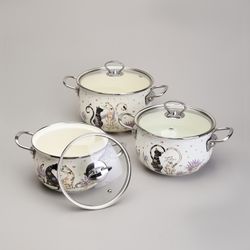 НАБОР КАСТРЮЛЬ ЭМАЛИРОВАННЫЙ, СЕРИЯ "LAVENDER CATS 6ПР. 2,0/2,8/3,8Л ДИА.18/20/22СМ