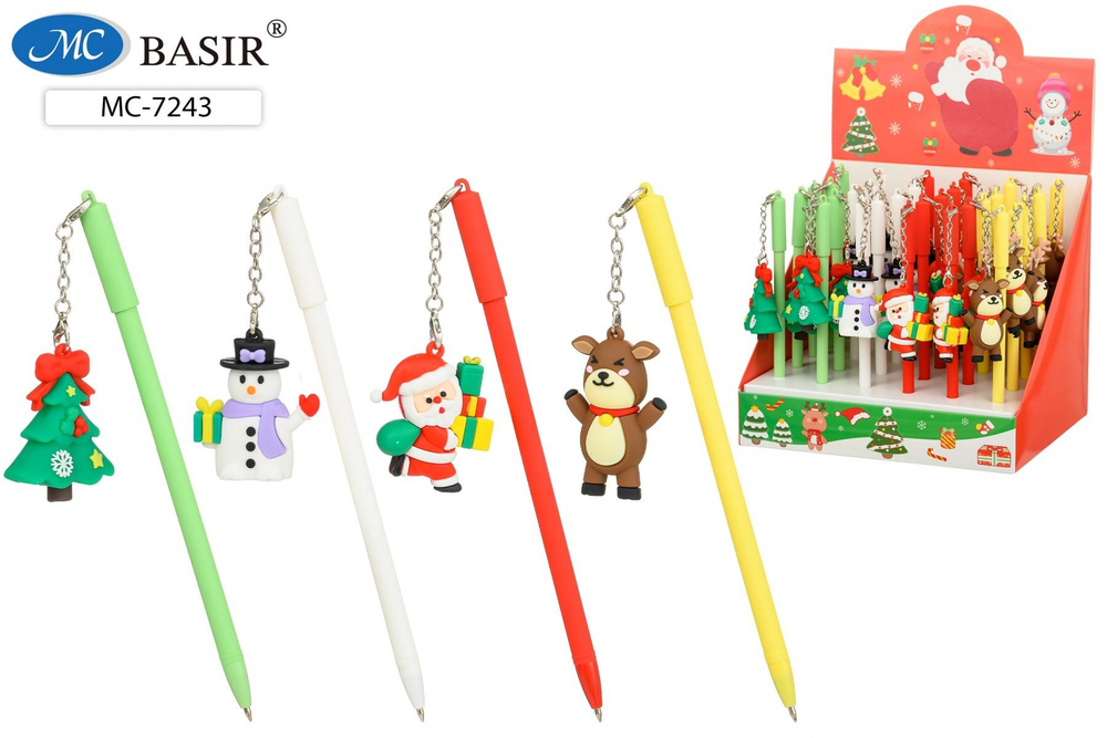Ручка шарик. детская "Новогодние" синяя, цветной матовый корпус, ассорти (Basir)