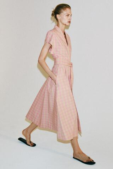 ZARA ПЛАТЬЕ МИДИ ИЗ ПОПЛИНА В КЛЕТКУ — ZW COLLECTION, РОЗОВЫЙ