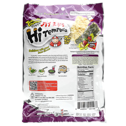 Tao Kae Noi, HiTempura, снек из морских водорослей, барбекю с копченым вкусом, 40 г (1,41 унции)
