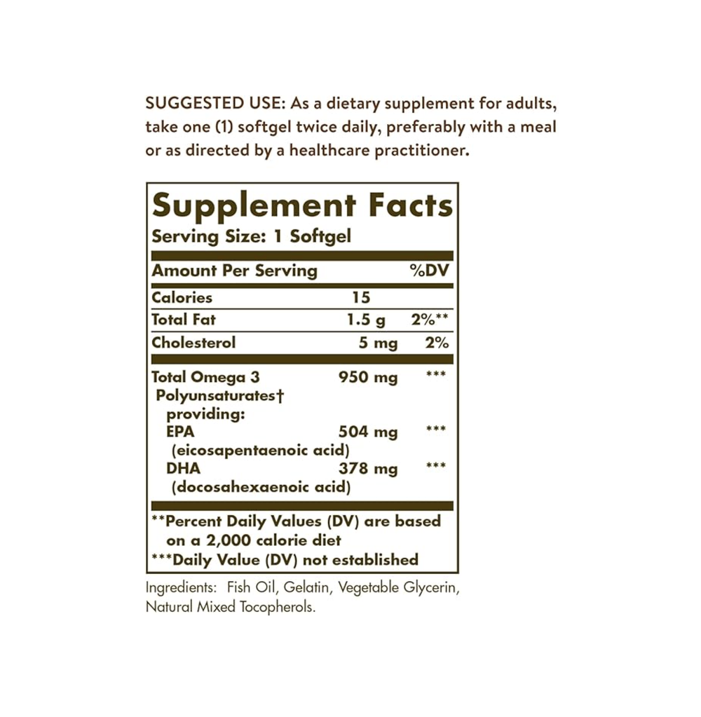Solgar Triple Strength Omega-3 950 мг, 100 мягких таблеток - Поддерживает здоровье сердечно-сосудистой системы, суставов и кожи - Полезная добавка для сердца - Незаменимые жирные кислоты - Без ГМО, без глютена и молочных продуктов - 100 порций
