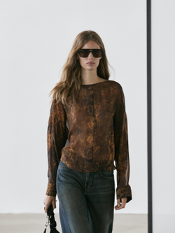 Massimo Dutti Блузка с драпировкой и узором, зеленый