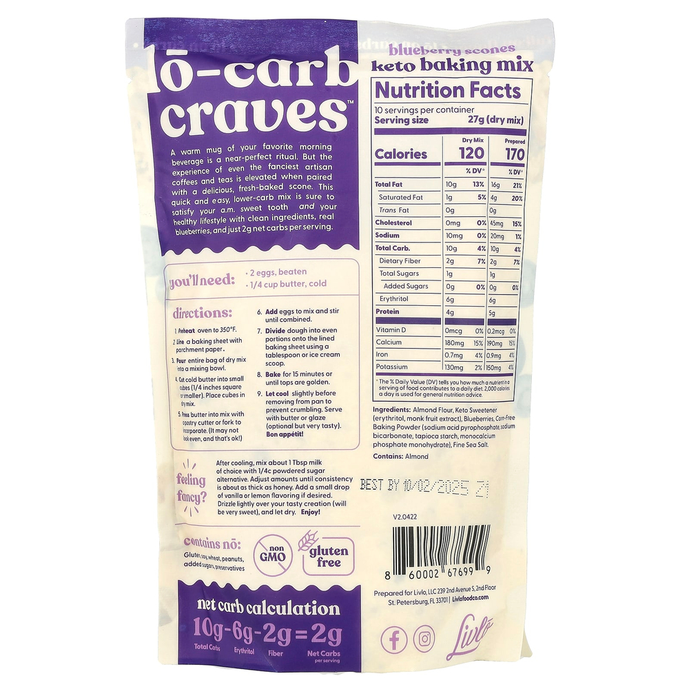 Livlo, Blueberry Scones, смесь для кето-выпечки с настоящей голубикой, 269 г (9,5 унции)