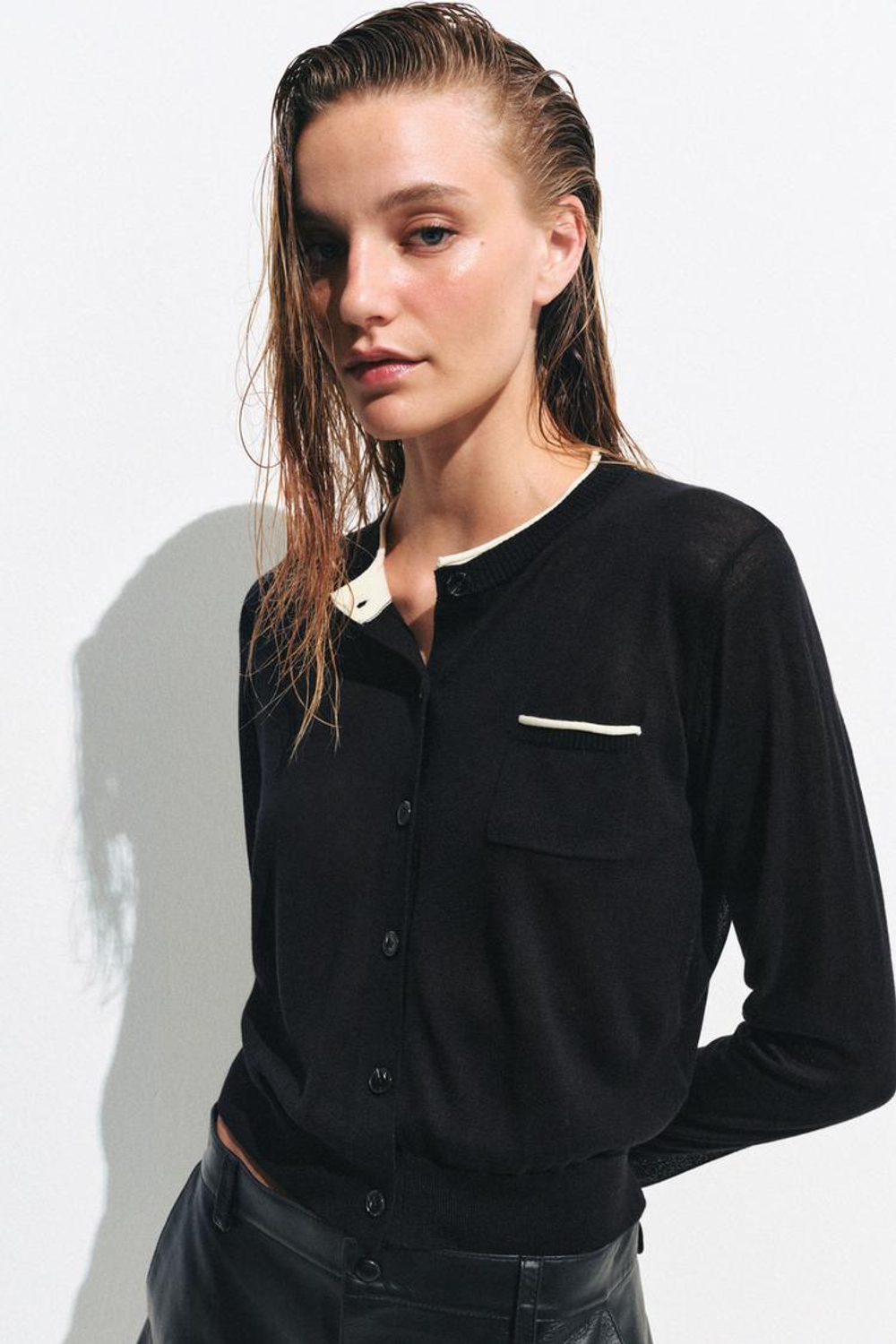 ZARA КОМБИНИРОВАННЫЙ КАРДИГАН, ЧЕРНЫЙ/БЕЛЫЙ