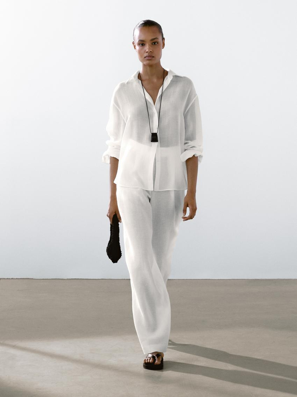 Massimo Dutti Рубашка свободного кроя из смесовой ткани рами, белый