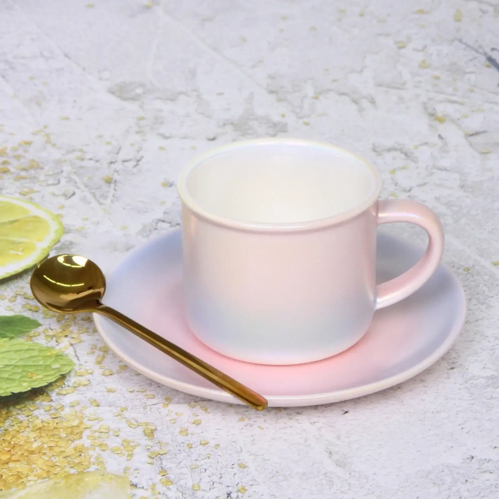 Чайная пара «Северное сияние» (кружка 230мл, блюдце, ложка) розовый