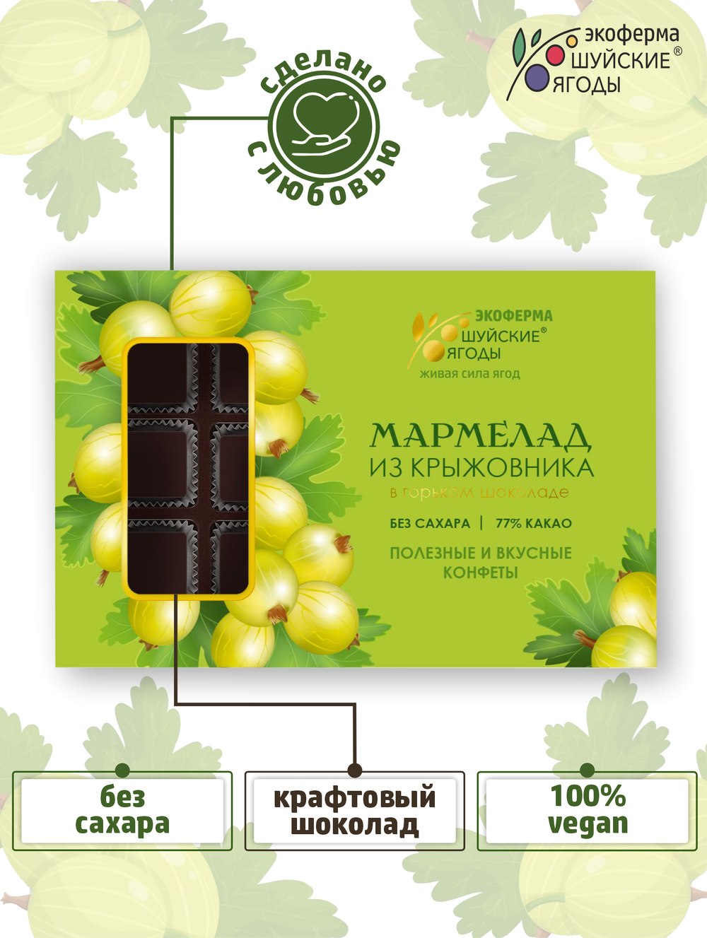 Мармелад из крыжовника в горьком шоколаде без сахара, 195 г