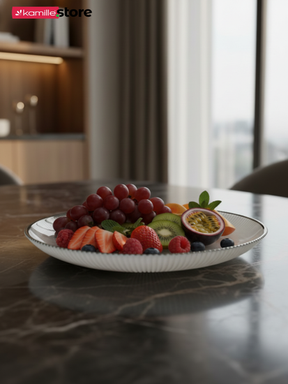 Блюдо стеклянное 31х3,5 см., с серебристой обводкой, жемчужный