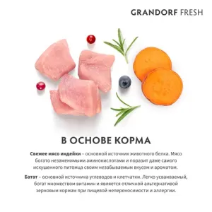 Уценка! Повр.упак. / Сухой корм GRANDORF Fresh Dog Adult Mini Turkey&Sweet Potato для собак мелких пород из свежего мяса индейки с бататом