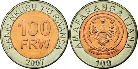 Руанда 100 франков, 2007 Герб UNC