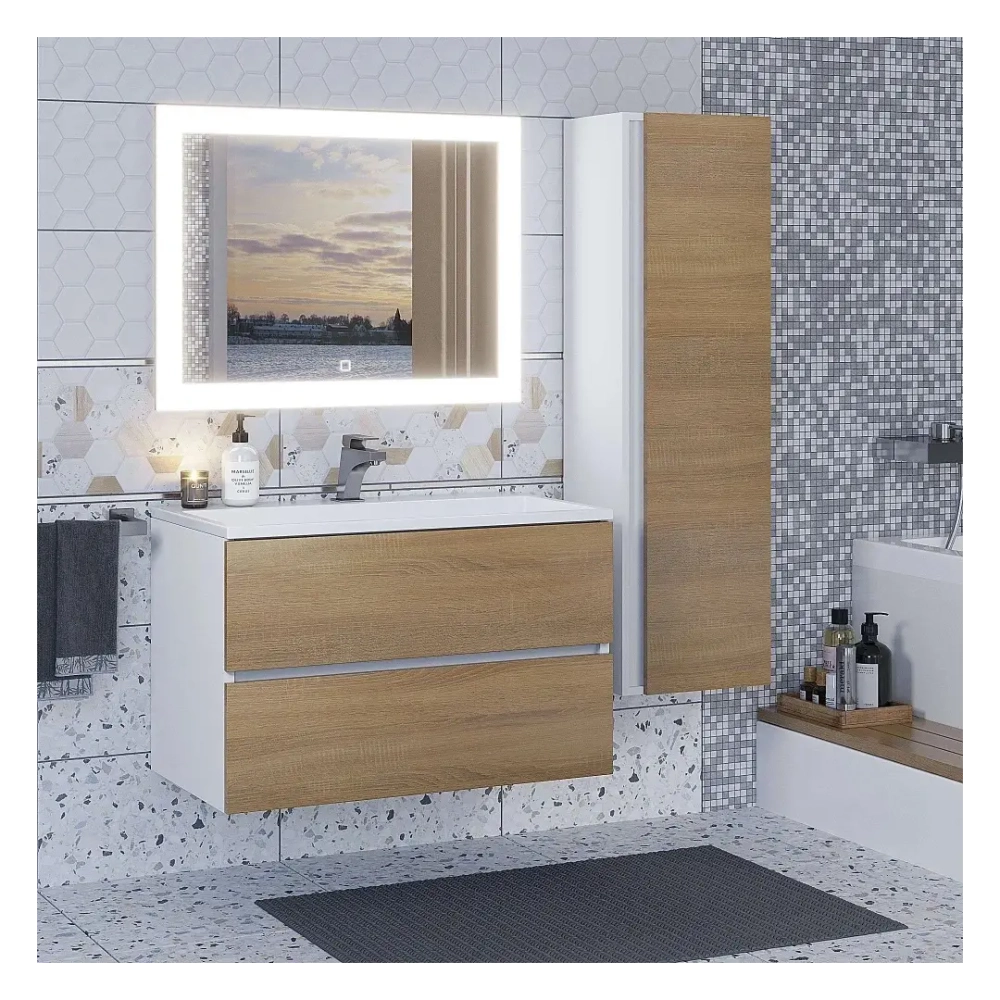 Тумба с раковиной Uperwood Barsa 80 см, раковина белая, подвесная тумба белая/дуб сонома