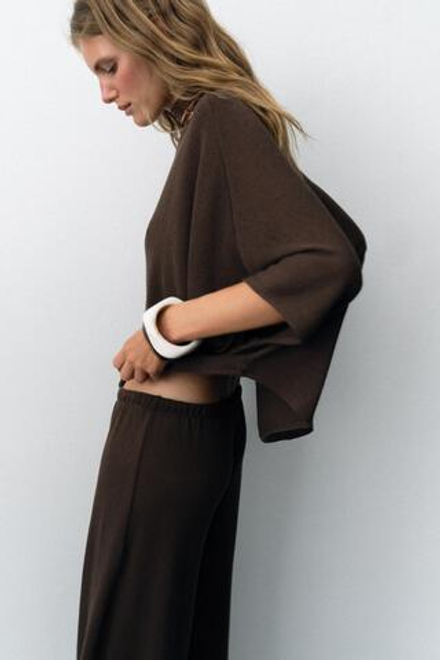 ZARA ТОП В РУСТИКАЛЬНОМ СТИЛЕ С КОРОТКИМИ РУКАВАМИ, КОРИЧНЕВЫЙ