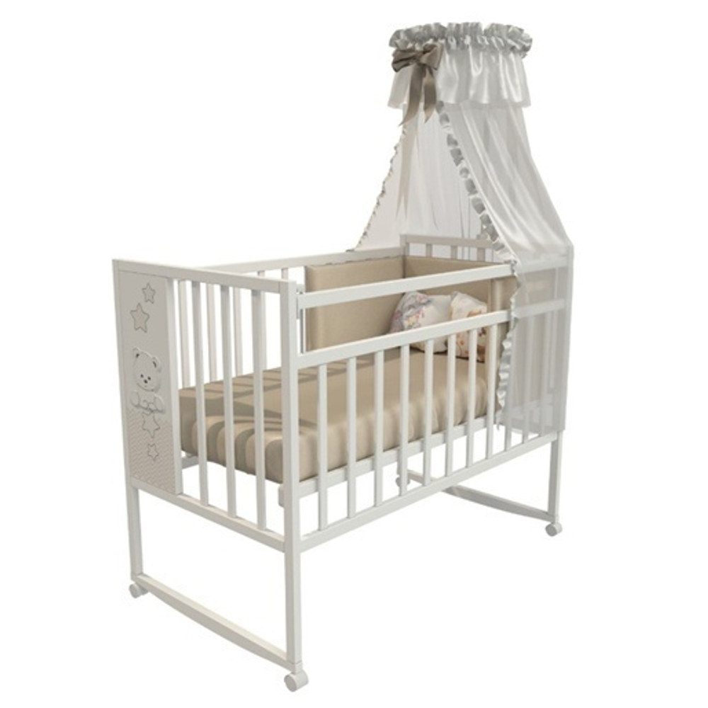 Кровать детская Mini Loft 3D - Star and bear колесо-качалка (белый) 1200х600