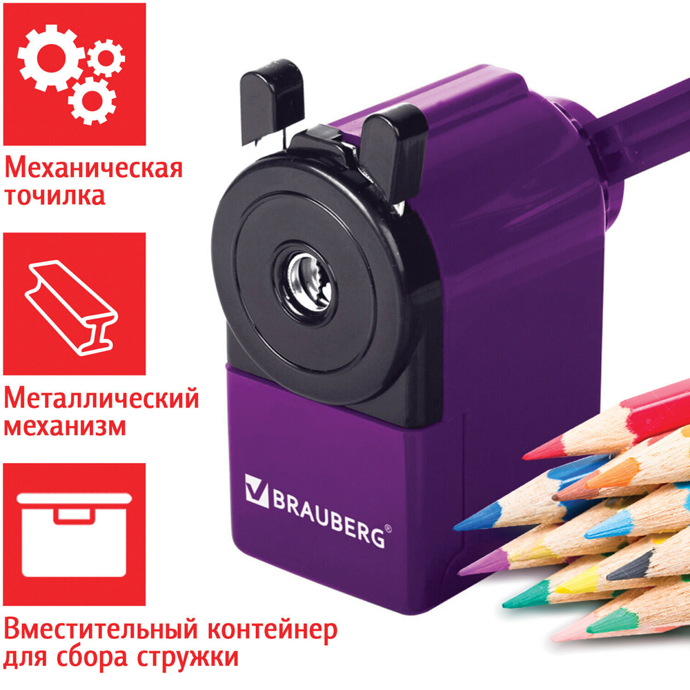 Точилка механическая BRAUBERG "JET" металлический механизм корпус пурпурный (2 штуки в упаковке)