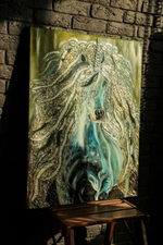 Интерьерная картина" Единорог" на усиленном галерейном холсте с зеркальными элементами и природными полудрагоценными кристалламии