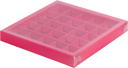Коробка для конфет 25 ячеек, красная матовая с прозрачной крышкой, 24,5х24,5х5,5см